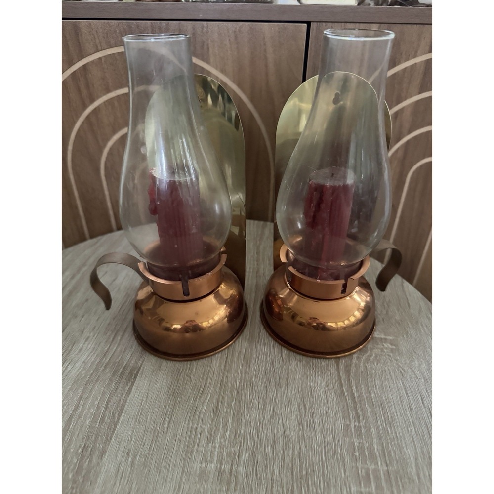 2 Vtg Copper & Brass Candlestick Holder Lantern Glass Table or Wall Hanging